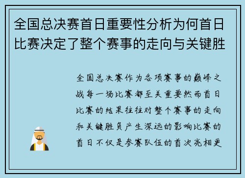 全国总决赛首日重要性分析为何首日比赛决定了整个赛事的走向与关键胜负