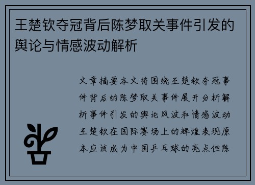 王楚钦夺冠背后陈梦取关事件引发的舆论与情感波动解析